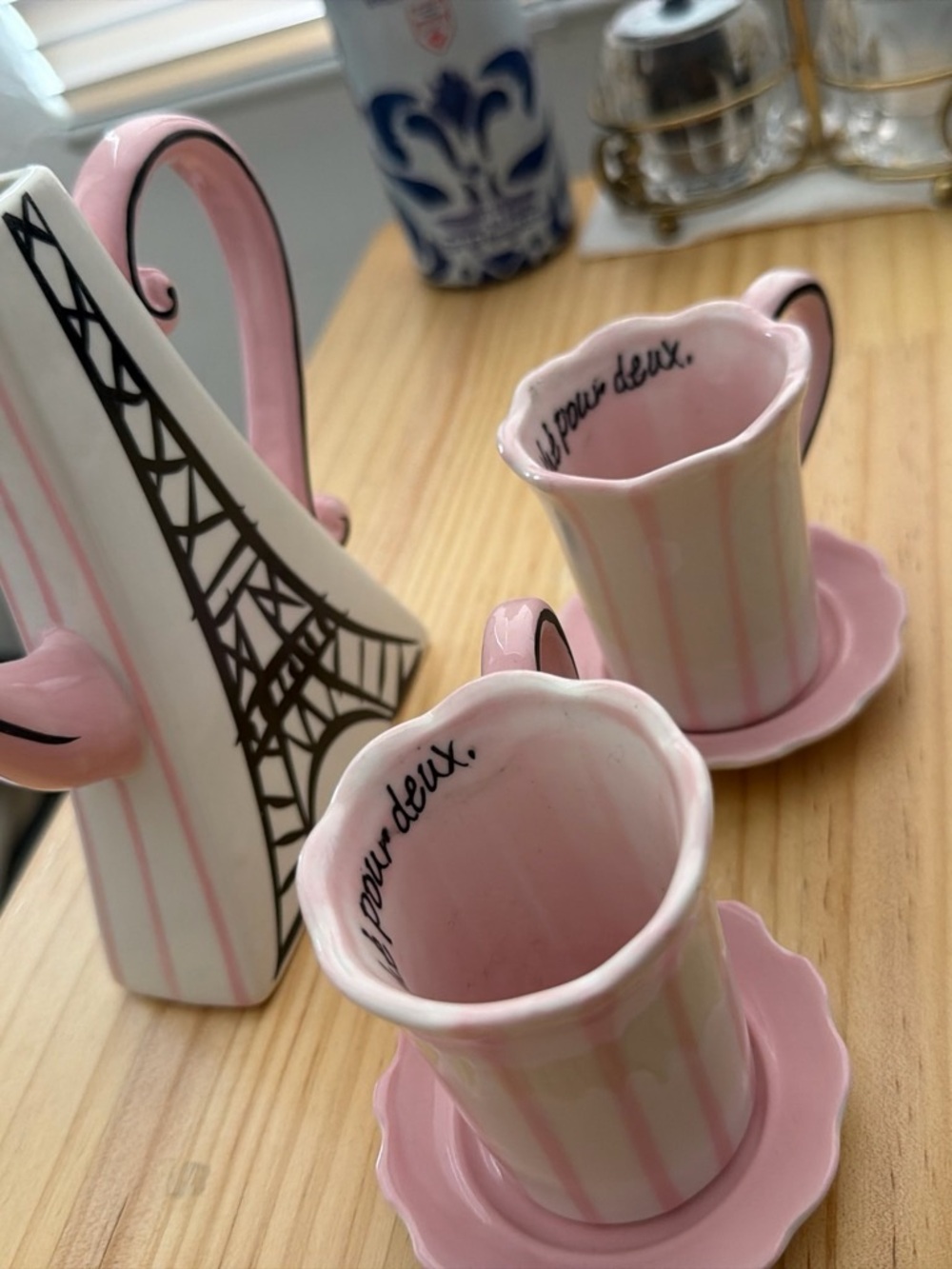 Sur La Table Pink and Cream Striped Ceramic Mini Tea Set